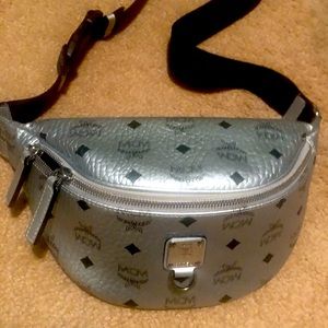 AUTHENTIC SILVER MCM BELT LEATHER BAG-Like new